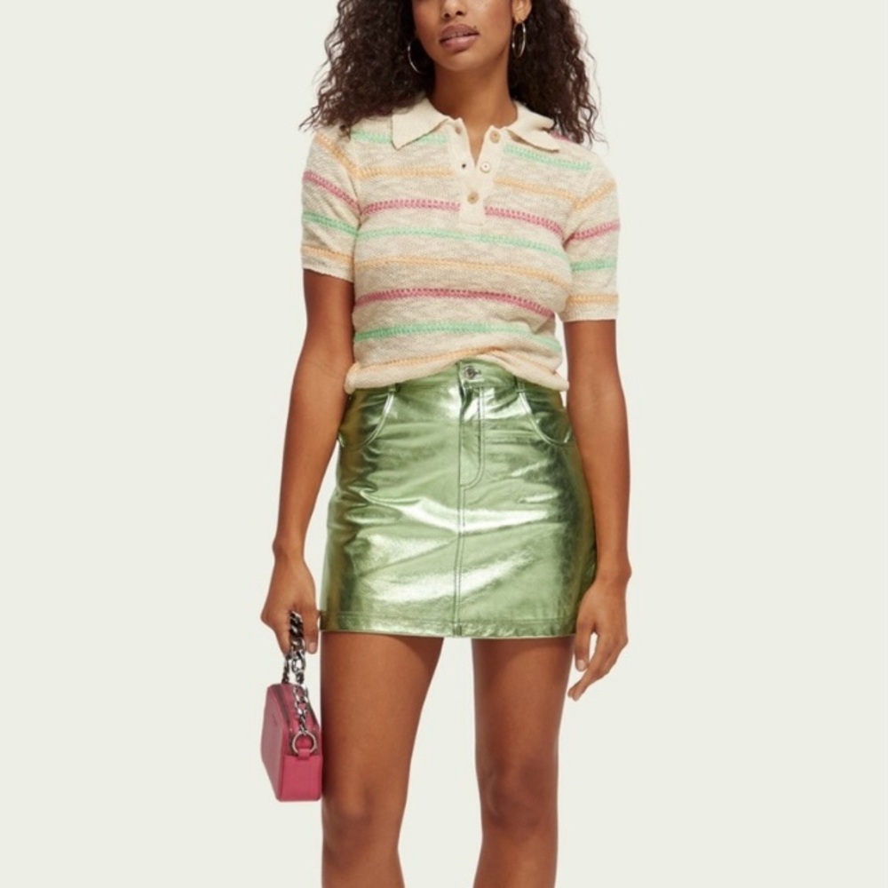 NWT Scotch & Soda Amsterdam 100% Sheep Leather Metallic Mini Skirt Fresh Mint XS
